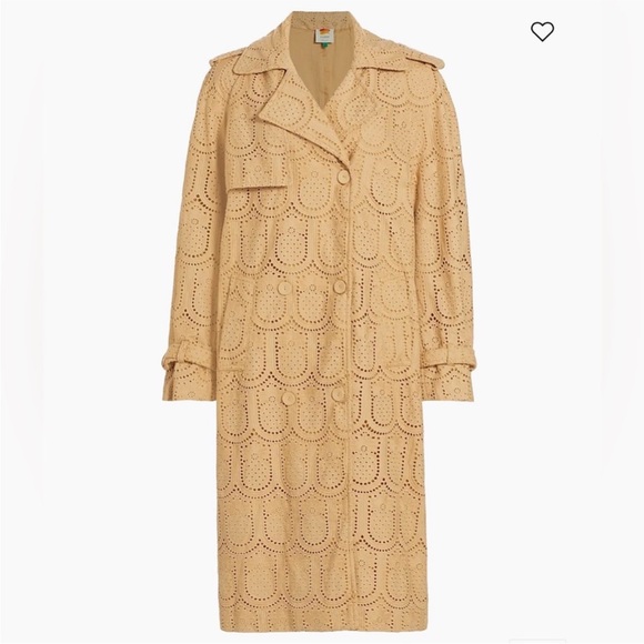 ☔️ FARM Rio for Anthropologie Womens Cottagecore Eyelet Beige Trench Coat Medium - Picture 9 of 16